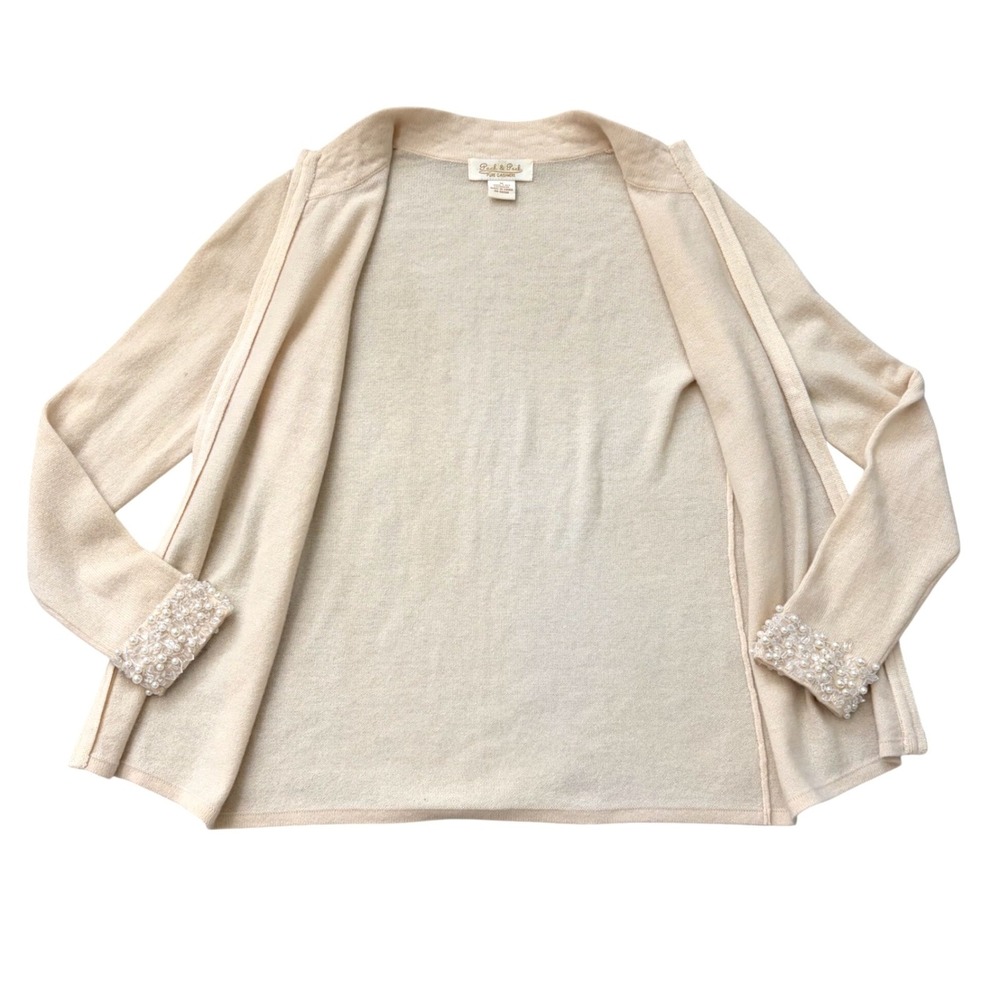 VTG Peck & Peck Cashmere Beaded Pearl Embellished Zip Cardigan Sweater M Cream - Picture 6 of 8